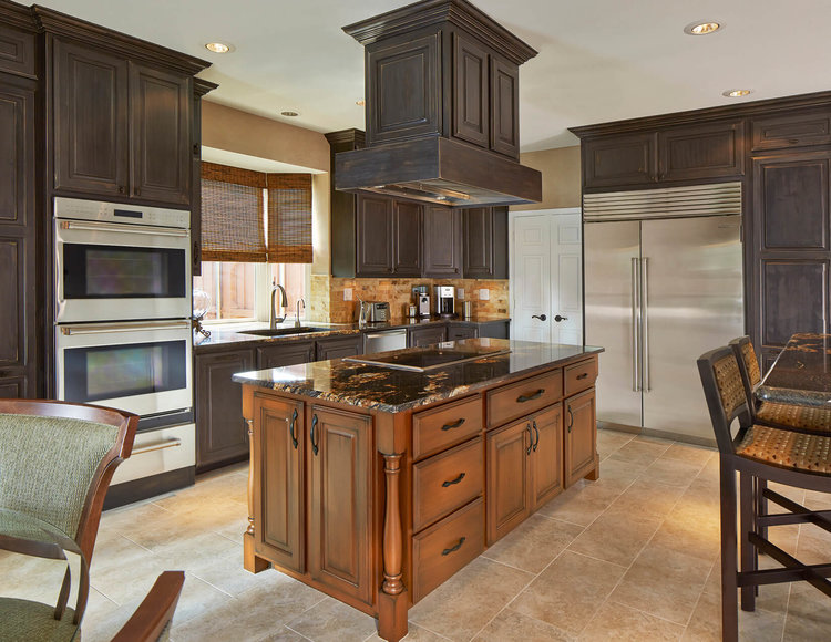 a kitchen with a statement countertop