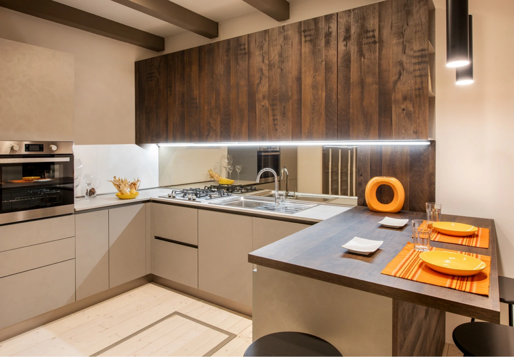 A kitchen with wooden cabinets