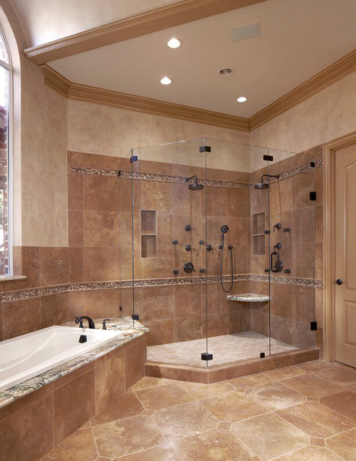  Elegant shower area with bold fixtures and high-contrast tile design for modern bathroom appeal.