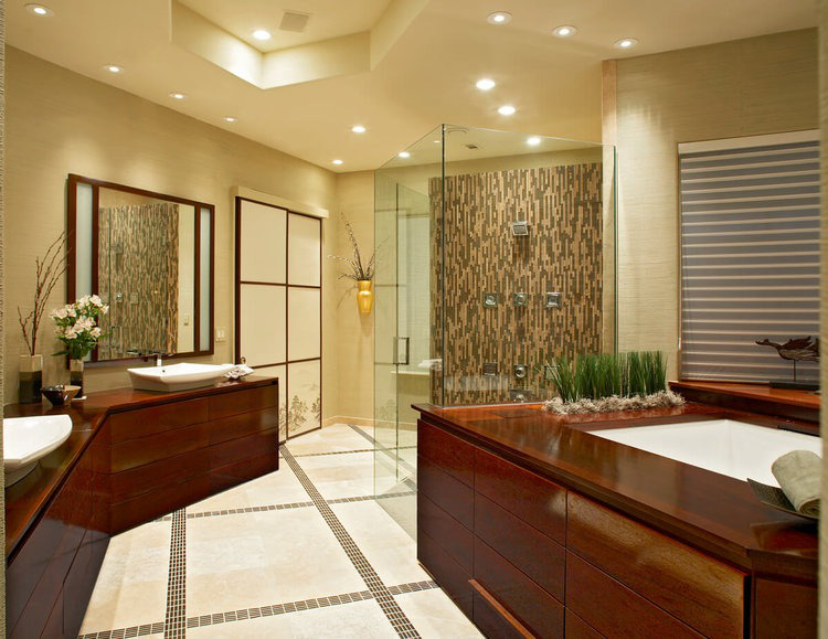 a large bathroom with a wooden interior, including a vanity with two sinks